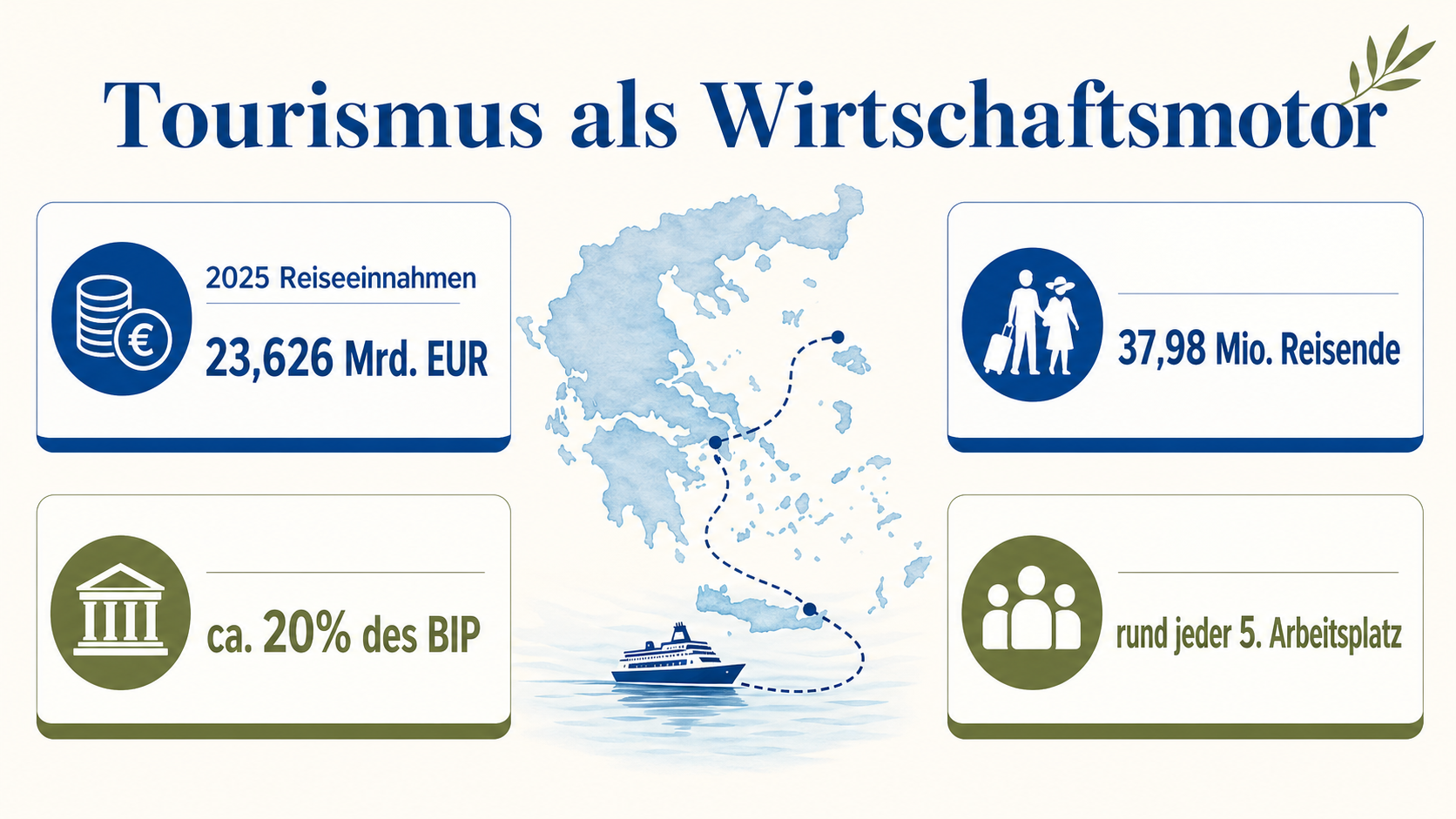 Infografik mit Reiseeinnahmen, Reisenden, BIP-Anteil und Arbeitsplätzen im griechischen Tourismus